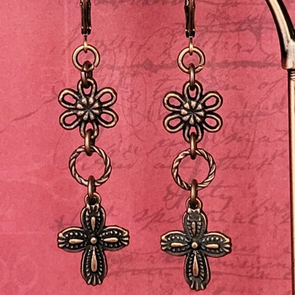 CROSS Daisy Flower Copper Brass Lever Back Earrings Southwestern Westernwear - Picture 3 of 10